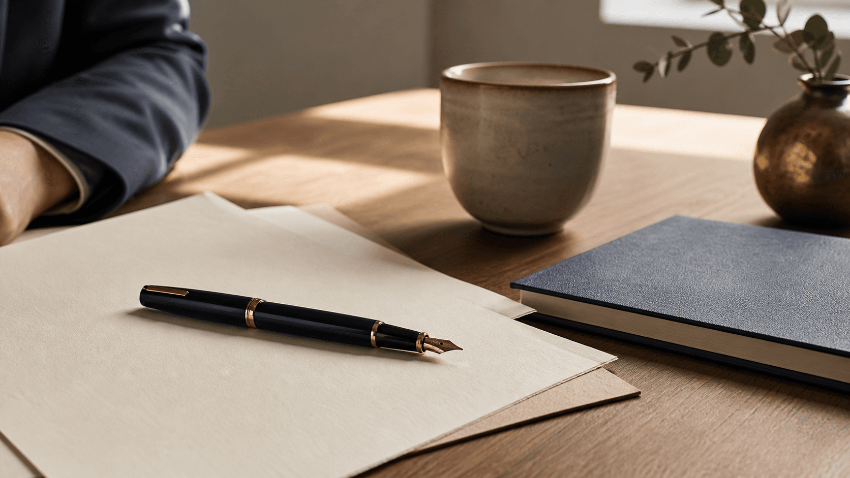 Scène paisible de pratique juridique avec des feuilles vierges, un stylo et une atmosphère humaine et chaleureuse