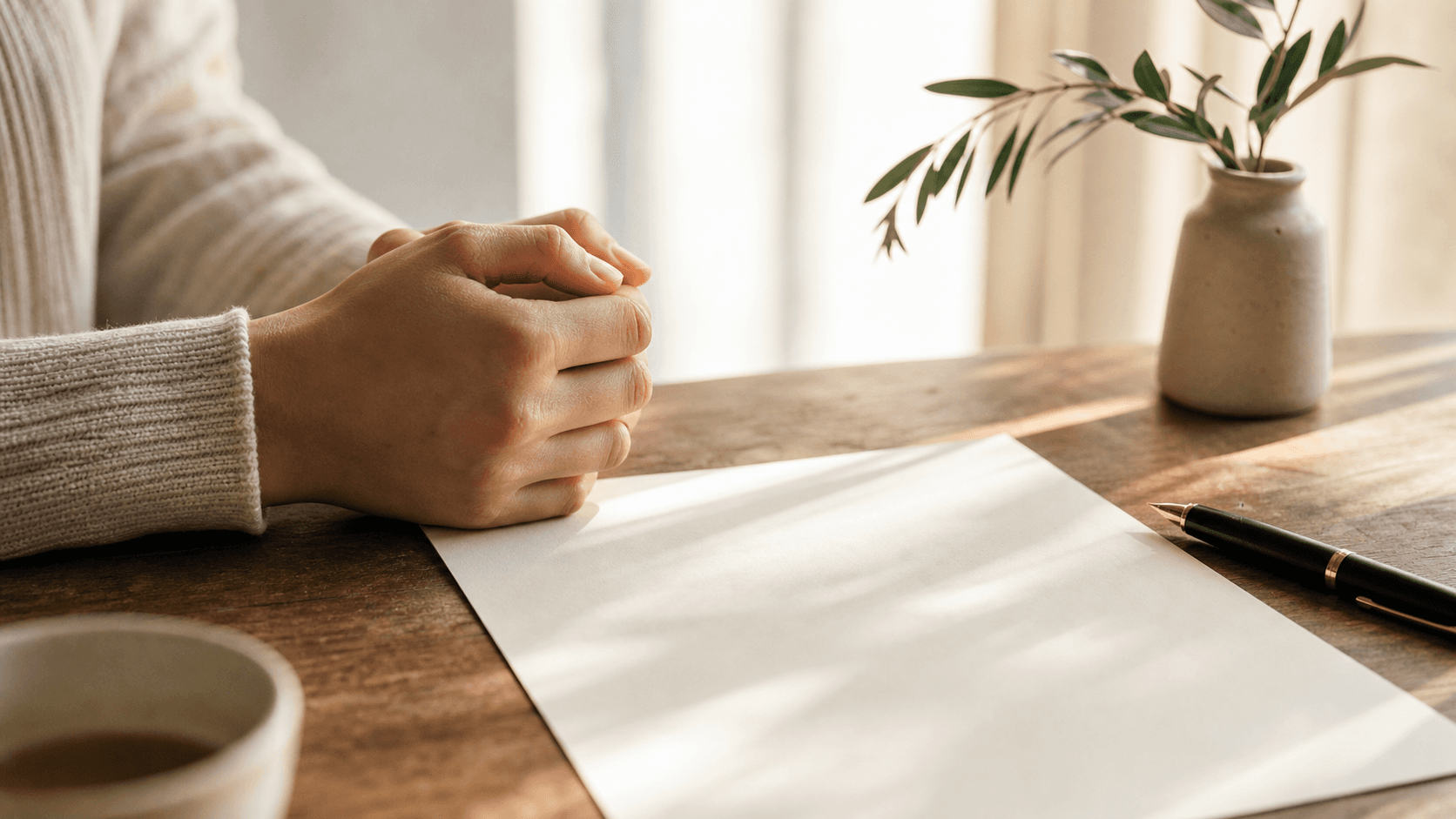 Scène juridique empreinte de réflexion avec une feuille vierge, un stylo et des mains jointes