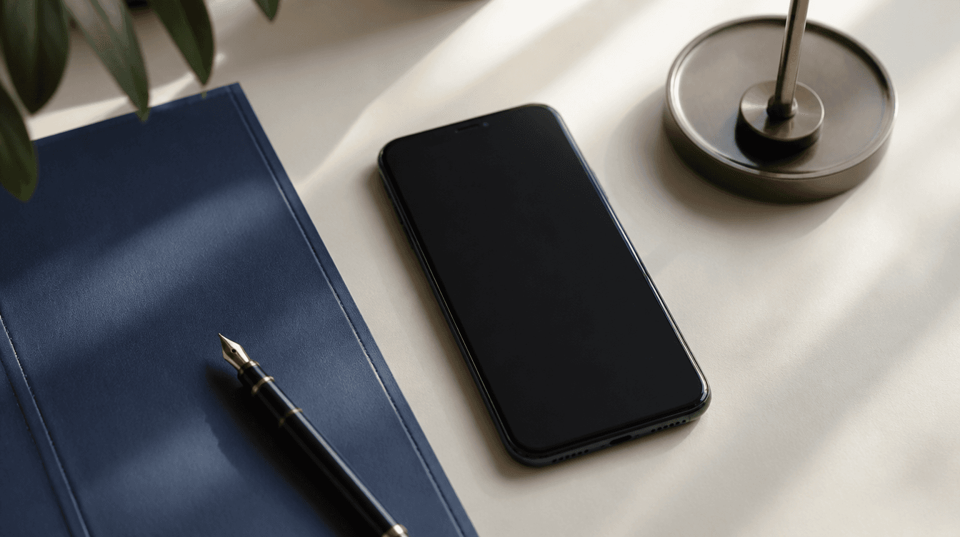 Téléphone vierge posé près d’un dossier juridique bleu marine et d’un stylo pour contacter un avocat