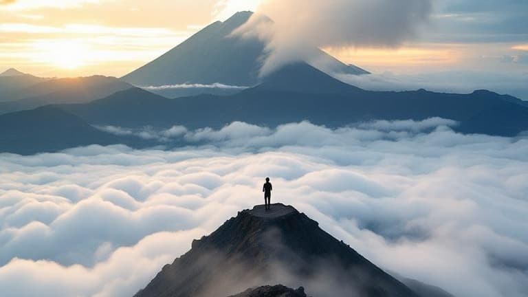 Une personne seule sur une crête montagneuse au-dessus d’une mer de nuages