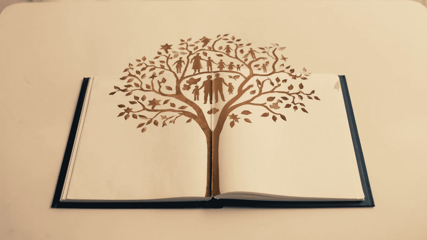 Silhouette d’un arbre familial poussant à partir d’un dossier juridique ouvert