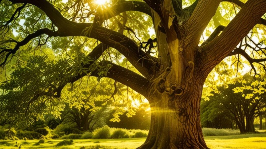 Arbre mature déployant de larges branches dans une lumière chaleureuse