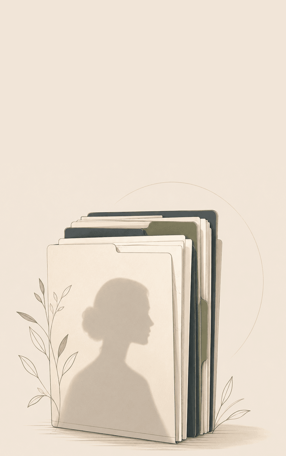 Illustration of legal matter files with a human silhouette on the front folder