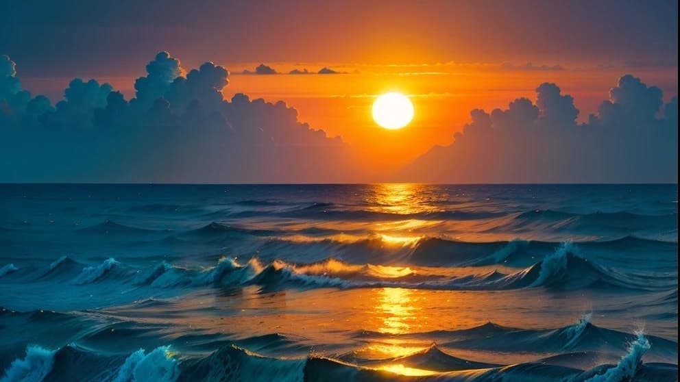 Coucher de soleil se reflétant sur les vagues de l’océan