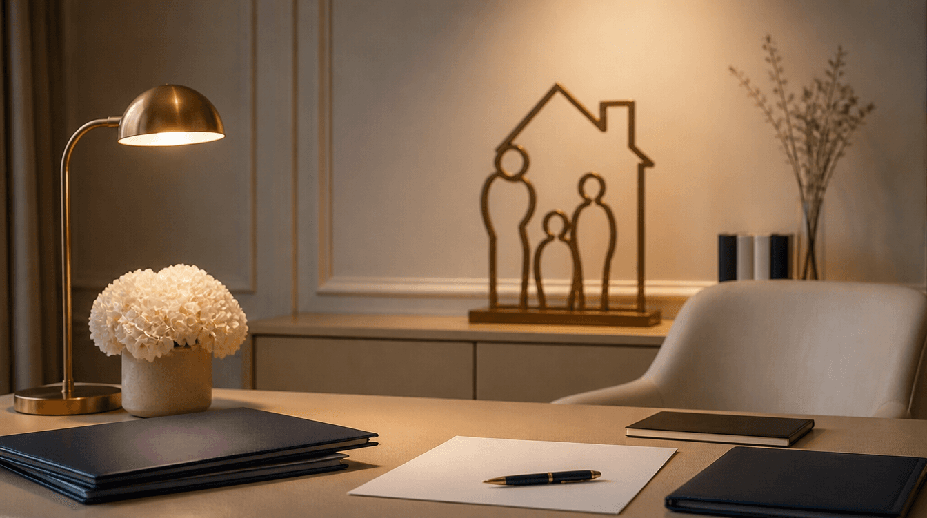 Illustration symbolique du droit de la famille avec une maison, des dossiers juridiques et une lumière protectrice