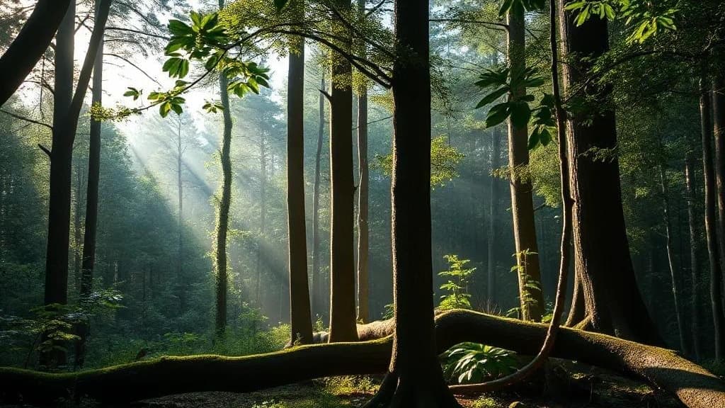 Rayons de soleil traversant une forêt paisible entre de grands arbres