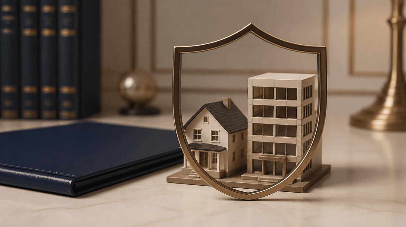 Modèles d’une maison familiale et d’un immeuble commercial protégés par un contour couleur bronze