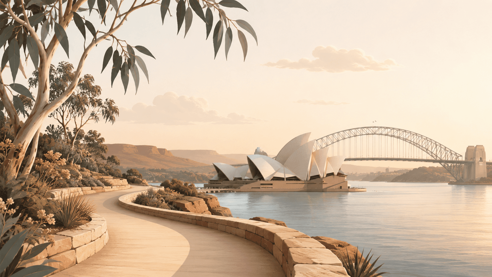 Sydney Opera House and Harbour Bridge beside a eucalyptus-lined waterfront